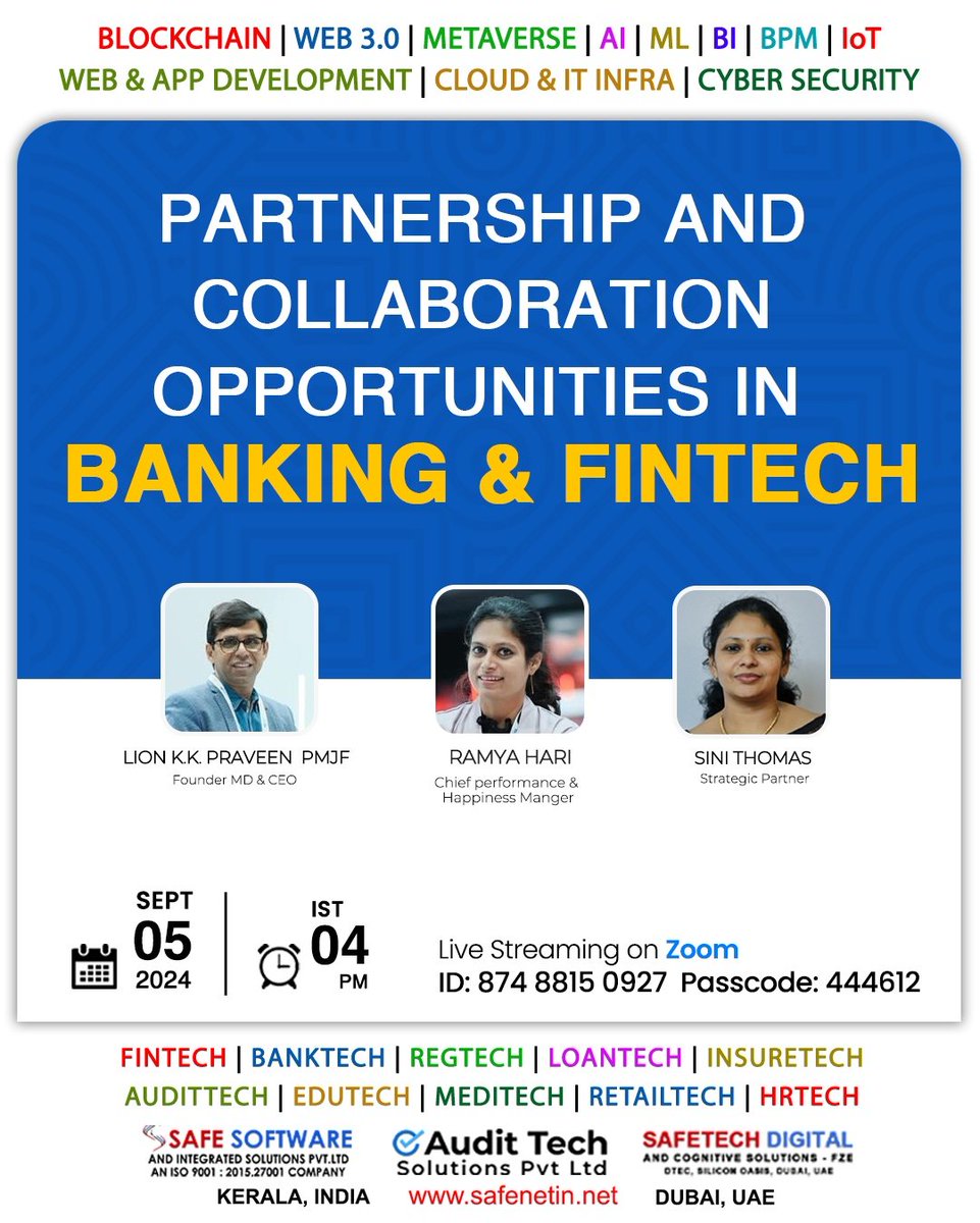 Partnership and Collaboration Opportunities in Banking and FinTech

Join Zoom Meeting
us02web.zoom.us/j/87488150927?…

Meeting ID: 874 8815 0927
Passcode: 444612