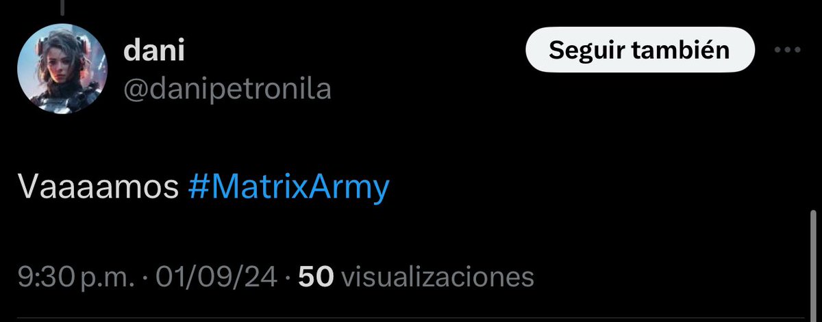 cryptomata_'s tweet image. Si se ponen #MatrixArmy en su nombre de perfil tienen más posibilidades de ganar 👇👇👇👇

Ejemplo: 

dani #MatrixArmy
