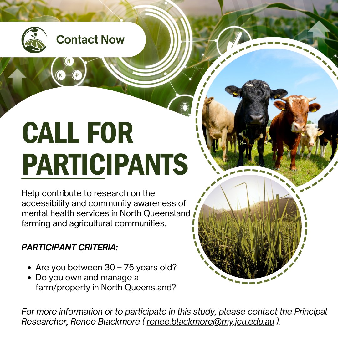 Southern Gulf NRM (@southerngulf) on Twitter photo π North QLD Farmers & Property Managers! πIf you're 30-75 years old and own/manage a farm, your insights are needed to help improve mental health services in our community.
Reach out to Renee Blackmore to participate!π§ renee.blackmore@my.jcu.edu.au π North QLD Farmers & Property Managers! πIf you're 30-75 years old and own/manage a farm, your insights are needed to help improve mental health services in our community.
Reach out to Renee Blackmore to participate!π§ renee.blackmore@my.jcu.edu.au