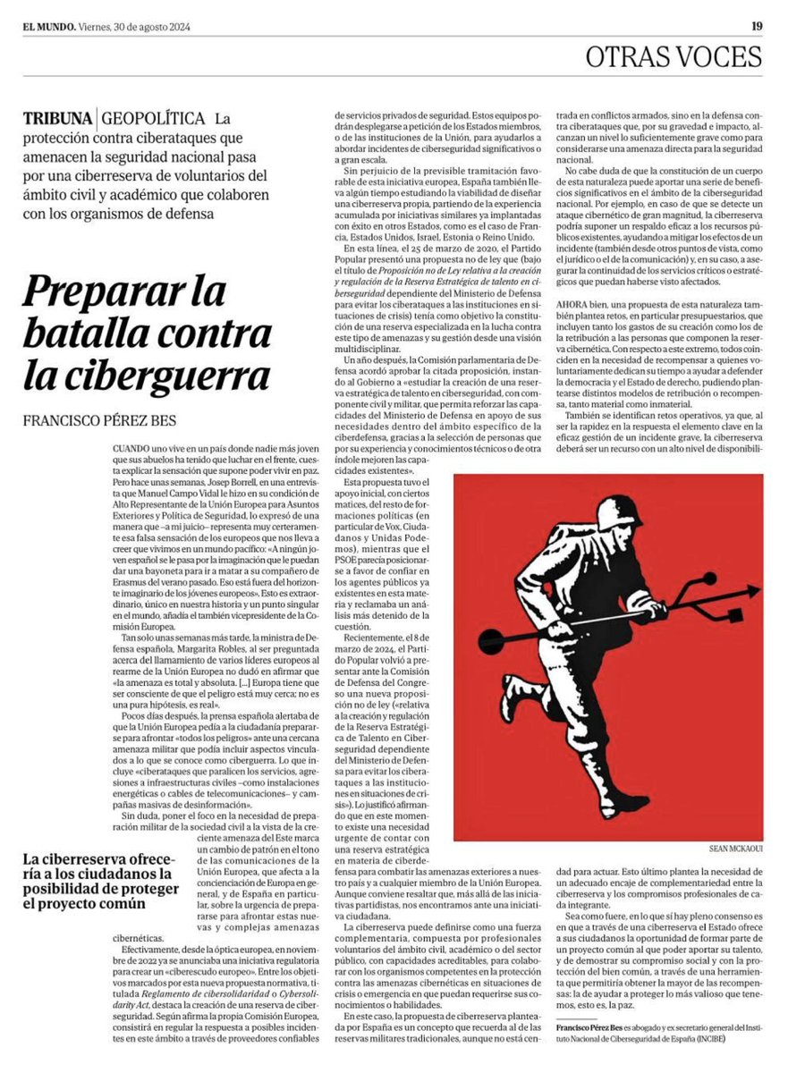 monica_eg's tweet photo. Empezando el lunes con materia de reflexión: "Preparar la batalla contra la ciberguerra" de @pacoperezbes vía @elmundoes.
Mucho que hacer para asegurar la #ciberseguridad: talento, formación, cultura, inversión y legislación ej. Legislación sobre #ciberterrorismo.
#womanincyber https://t.co/x3FqA9osFF