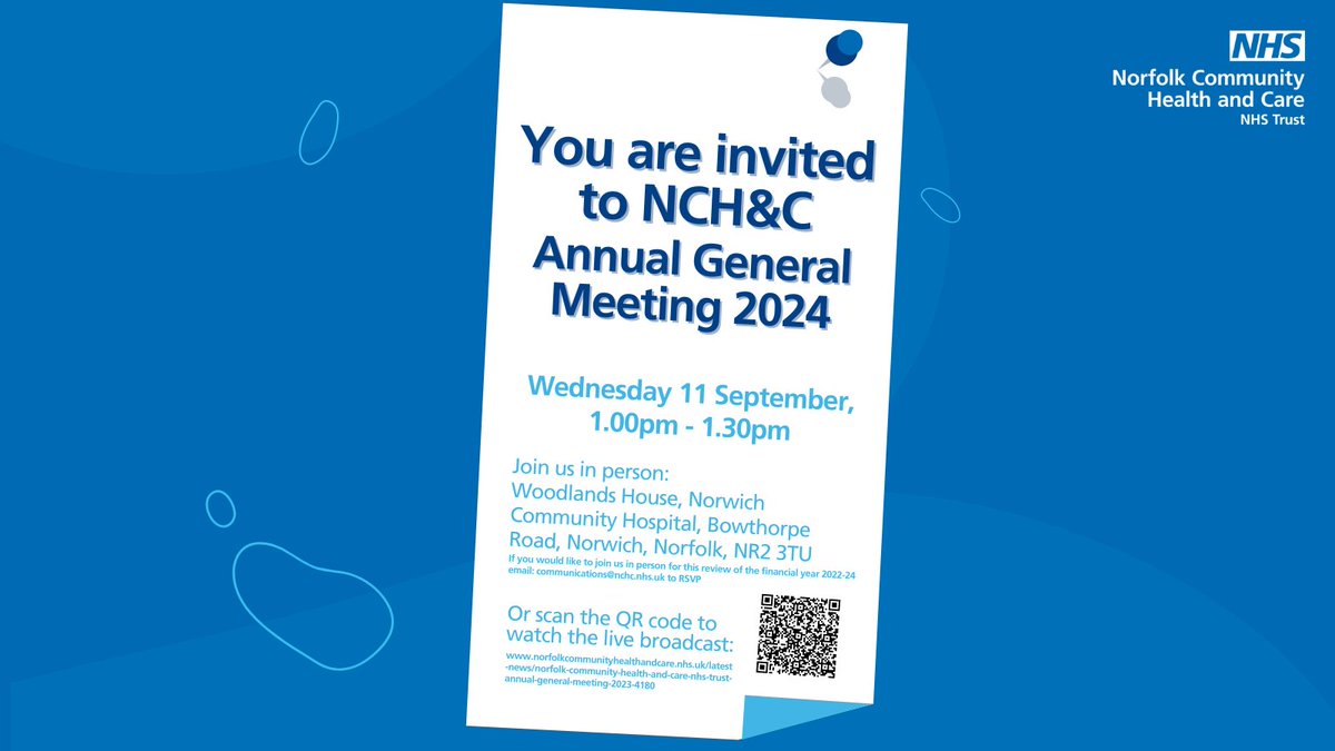 The NCH&amp;C AGM is only a week away &amp; we invite you to attend either in person or online. You will have the opportunity to learn about our performance over the past year &amp; the ways we are enhancing our care for the community. 
Email communications@nchc.nhs.uk to RSVP.