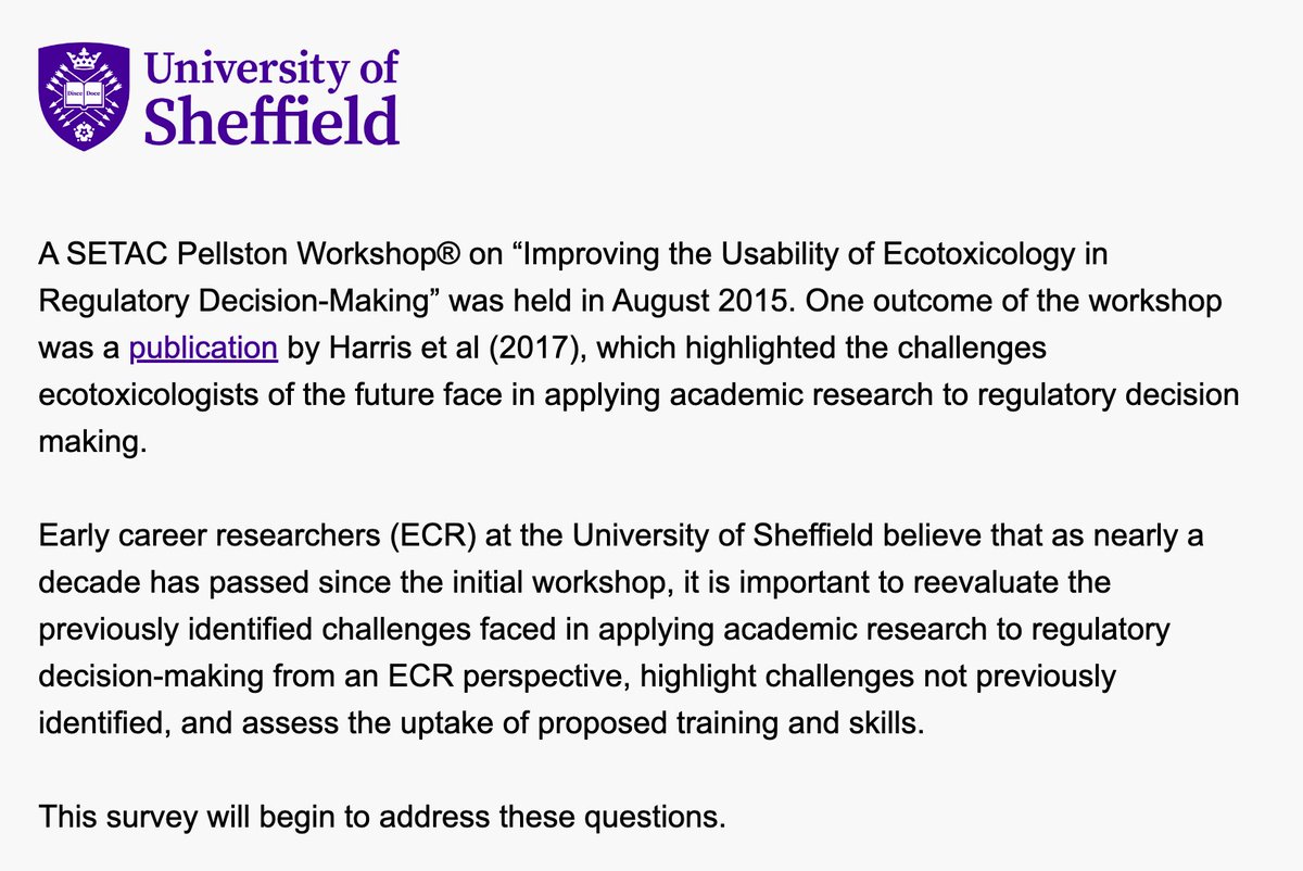 📣PLEASE SHARE📣

We are seeking responses from ECRs on the training + skills they have received in regulatory ecotoxicology ☣️⚠️ &amp; the challenges they face in applying academic research to regulatory decision making 🚫 

Take part in our (short) survey👉 tinyurl.com/yc4296c3