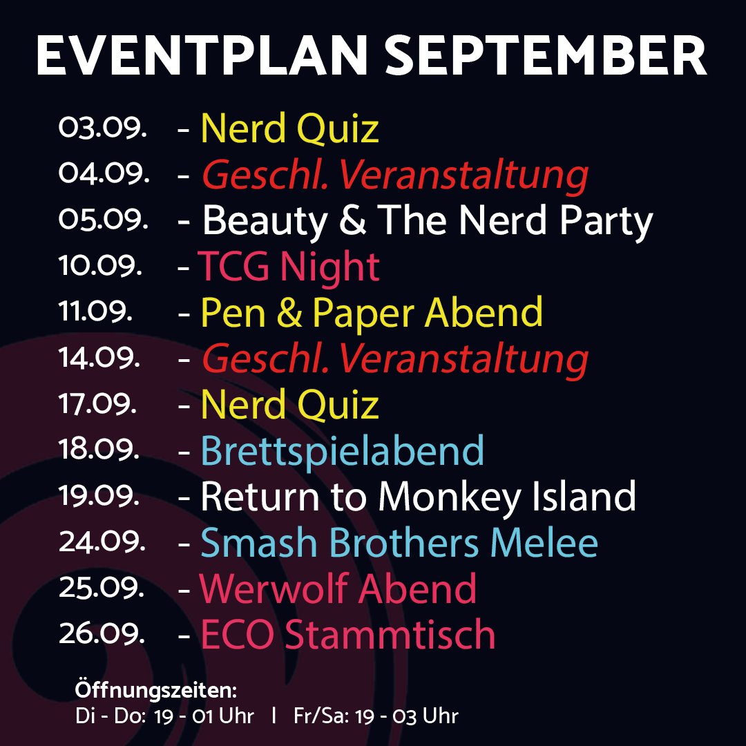 Nach dem Durcheinander im August haben wir im September wieder all unsere beliebten Eventreihen für euch. Außerdem feiern wir die Rückkehr zum "Monkey Island" mit euch am offiziellen "Talk like a pirate" Tag am 19. September.

#bar #koeln #cologne #eventplan #month #monatsplan