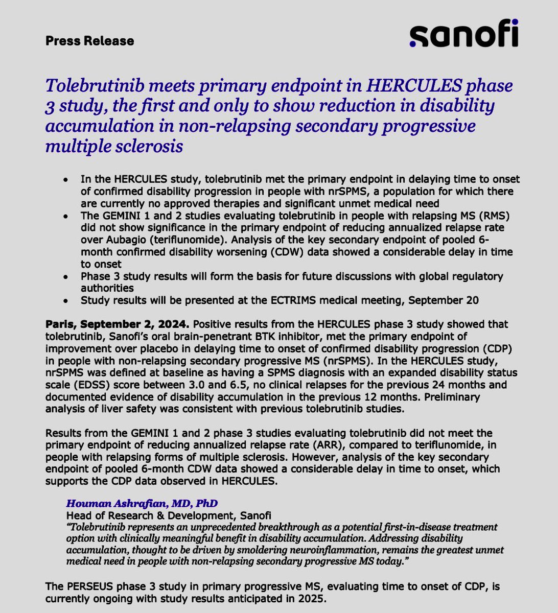 Aaron Boster MD (@aaronbostermd) on Twitter photo Press Release: HERCULES study demonstrates Tolebrutinib successfully delays disability in non-relapsing secondary progressive MS! Press Release: HERCULES study demonstrates Tolebrutinib successfully delays disability in non-relapsing secondary progressive MS!