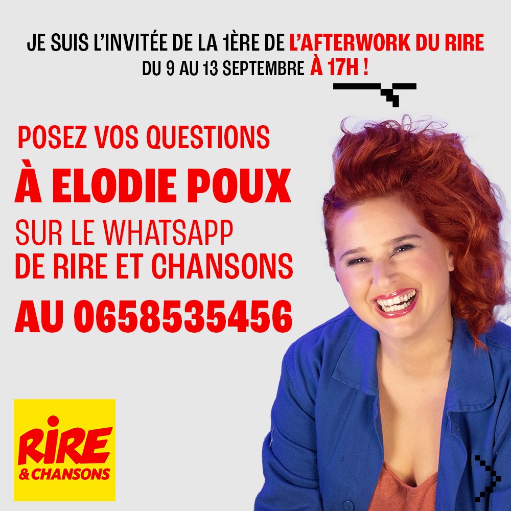 Vous aussi posez nous vos questions pour Elodie Poux sur le répondeur Whatsapp de la radio au 0658535456 en message audio sans oublier votre nom + votre ville !!
A l'occasion de la première de la saison de l'Afterwork du Rire la semaine du 9 septembre à 17h ! 🤩