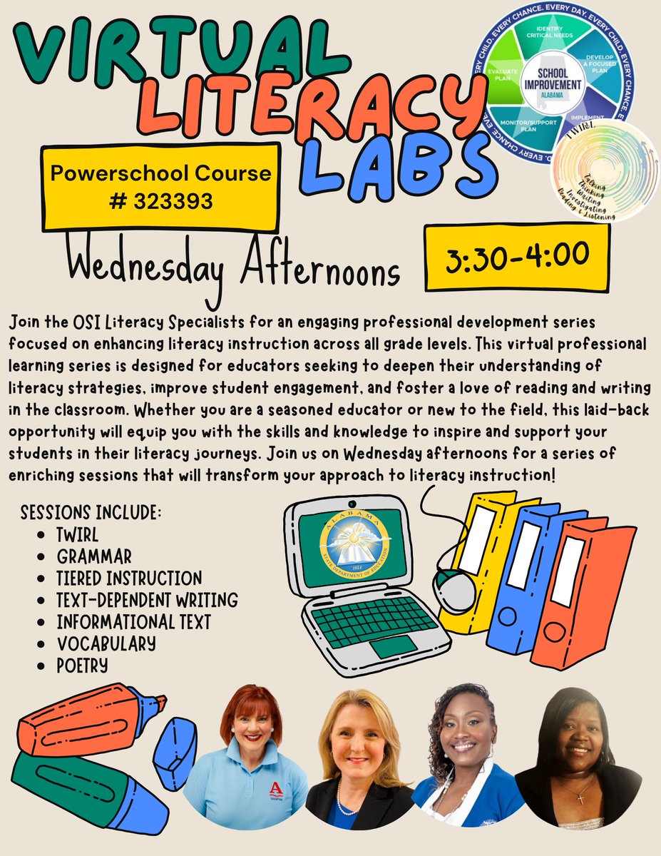 Join our Literacy Specialists on Wednesday afternoons this year for quick, informative, and FUN Literacy Labs!  These sessions are virtual and open to EVERYONE!  You don't want to miss out on this fun!
Click here to register- alsde.truenorthlogic.com/ia/empari/lear…