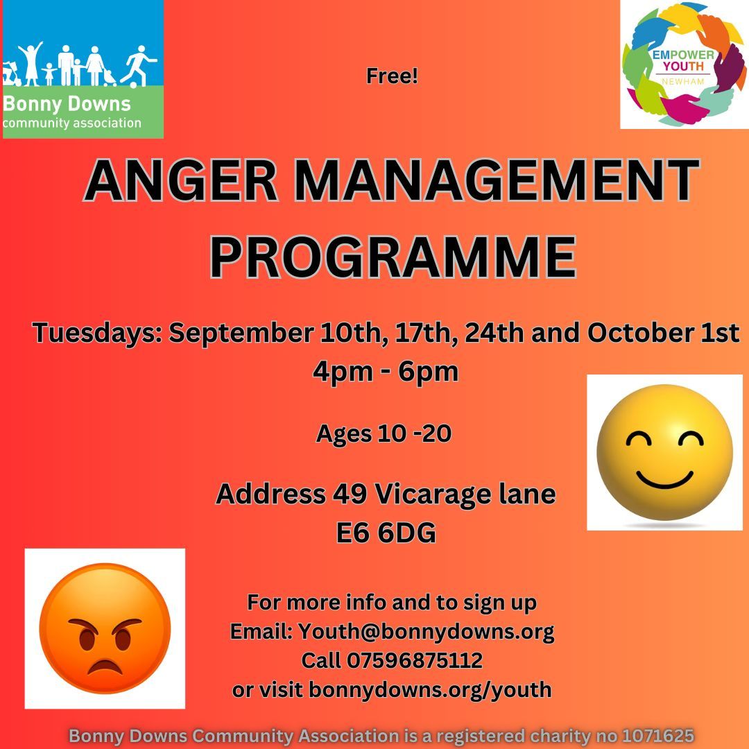 Would you like to learn how to manage anger?

Our four-week Anger Management programme is specifically designed for young people, aged between 10 &amp; 20, to receive support from Professional Youth Practitioners.

 Limited spaces available. To reserve a space, call 07596875112