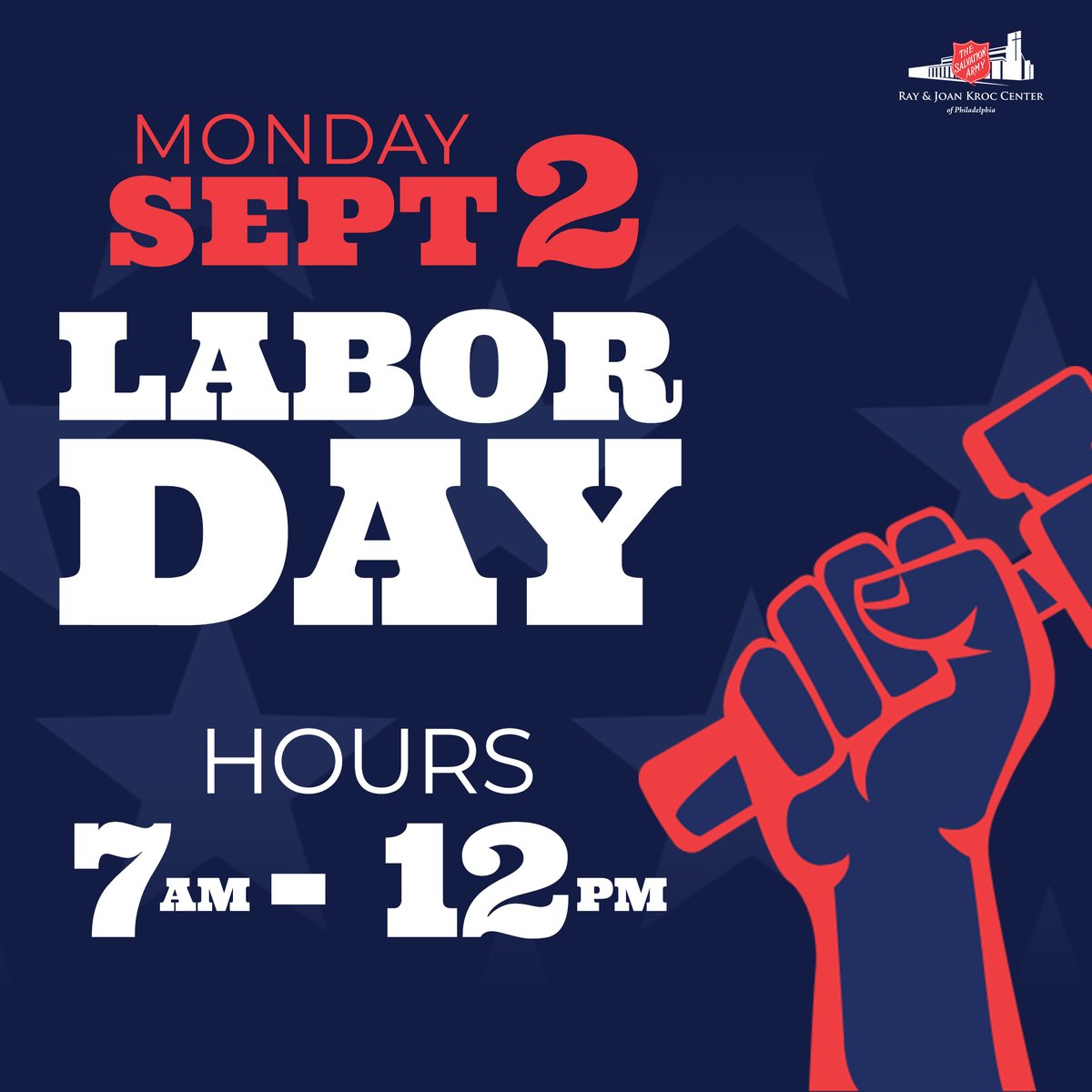 SalArmyKroc's tweet image. Happy Labor Day! We’re open today with special hours: 7AM - 12PM. Enjoy your holiday morning with us to share our thanks with our employees and volunteers! Regular hours resume Tuesday. 

#LaborDay #SalvationArmy #KrocCenter