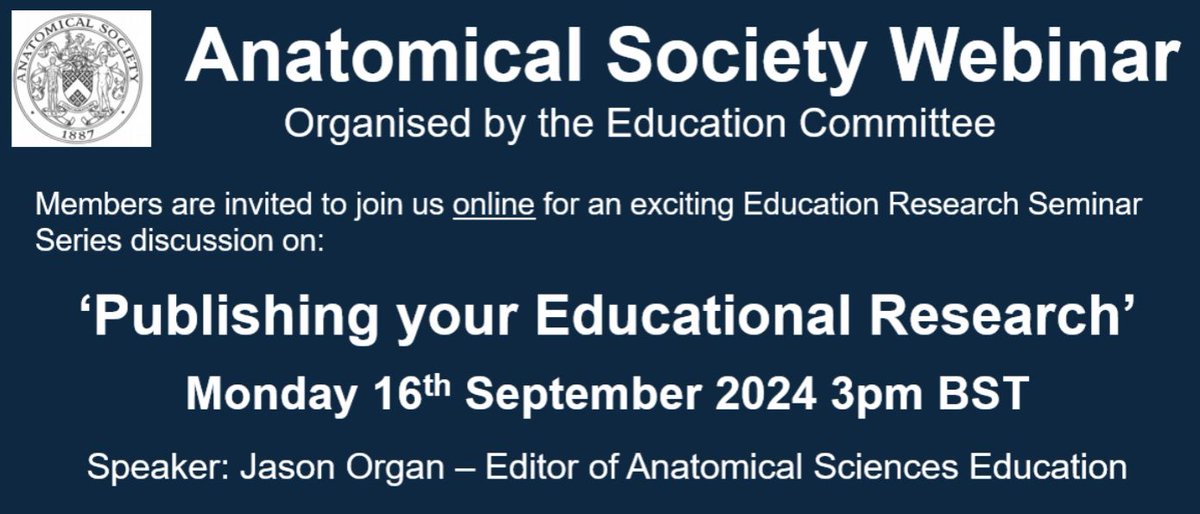 The Education Committee are delighted to host <a href="/OrganJM/">Jason Organ (@organjm.bsky.social)</a>, Editor of Anatomical Sciences Education, who will give a webinar on Publishing Your Educational Research on the 16th Sept at 3pm BST. Members can register here: buff.ly/4dMlnyD 
More info: buff.ly/3u96uzL