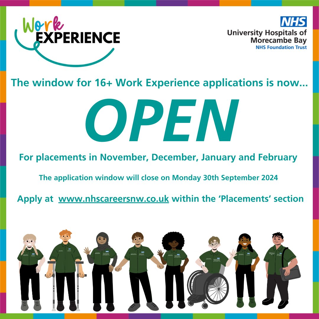 🏥Applications for 16+ Work Experience are now open and can be accessed within the 'Placements' section of nhscareersnw.co.uk. This is for placements with <a href="/UHMBT/">MorecambeBayNHSTrust</a> during November, December, January and February. Please share with anyone who might be interested!