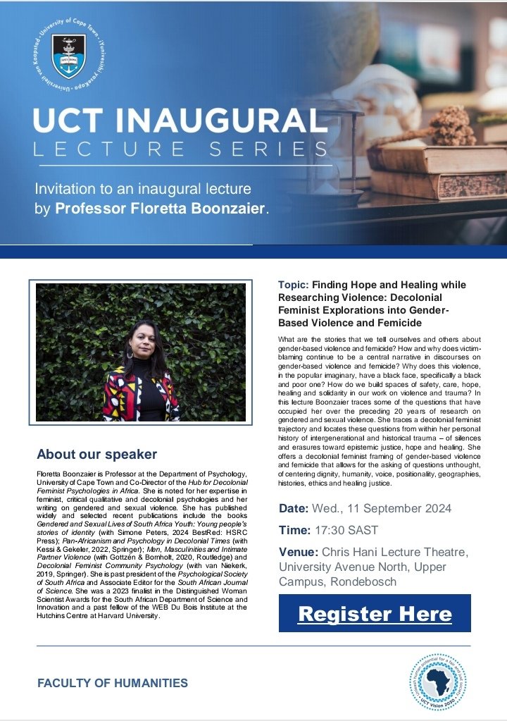Hello Everyone

The 11th of September marks Prof Floretta Boonzaiers inaugural lecture at UCT.

Please RSVP using this link if you intend to attend the lecture

docs.google.com/forms/d/e/1FAI…
