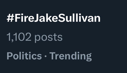 The_Real_ITDUDE's tweet photo. #FireJakeSullivan it’s starting to trend!
Now let’s bring it to the top!
Reply and retweet with #FireJakeSullivan 
We can do it #NAFO https://t.co/gzPTnw0ben