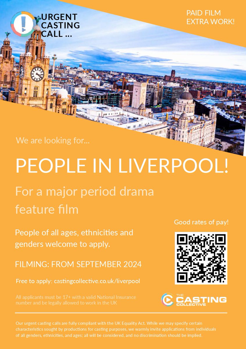 CASTING CALL 📢

<a href="/extrascastings/">Casting Collective</a> are looking for people in Liverpool for a major period drama feature film!

ℹ️ People aged 17 and over, all ethnicities and genders
📽 Filming from September 2024

Apply now via ➡ castingcollective.co.uk/artistes/urgen…
