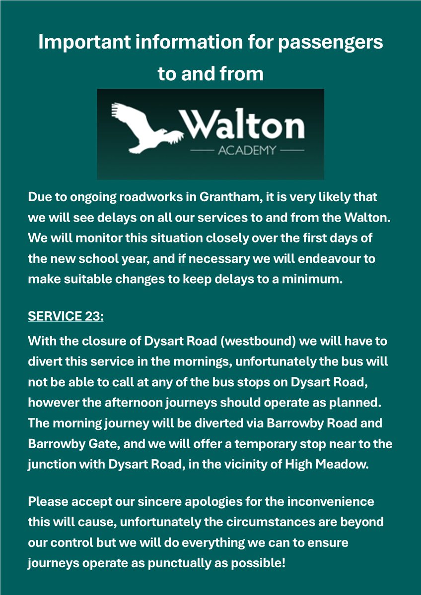 *** IMPORTANT INFORMATION ***
If you are travelling between Grantham and Walton Academy from the beginning of term, please see the information below regarding traffic delays and diversions in Grantham town centre.