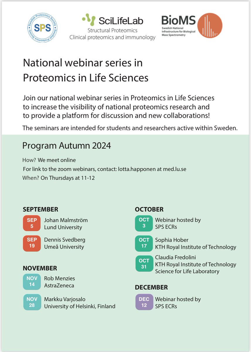 SwedishProtSoc's tweet image. Our zoom-based webinar series in Proteomics in Life Sciences will start Thursday this week 5/9 at 11!
The first speaker this autumn is Johan Malmström (Lund University) with the title “Antibody-guided design of multivalent nanoparticle vaccines against bacterial pathogens”