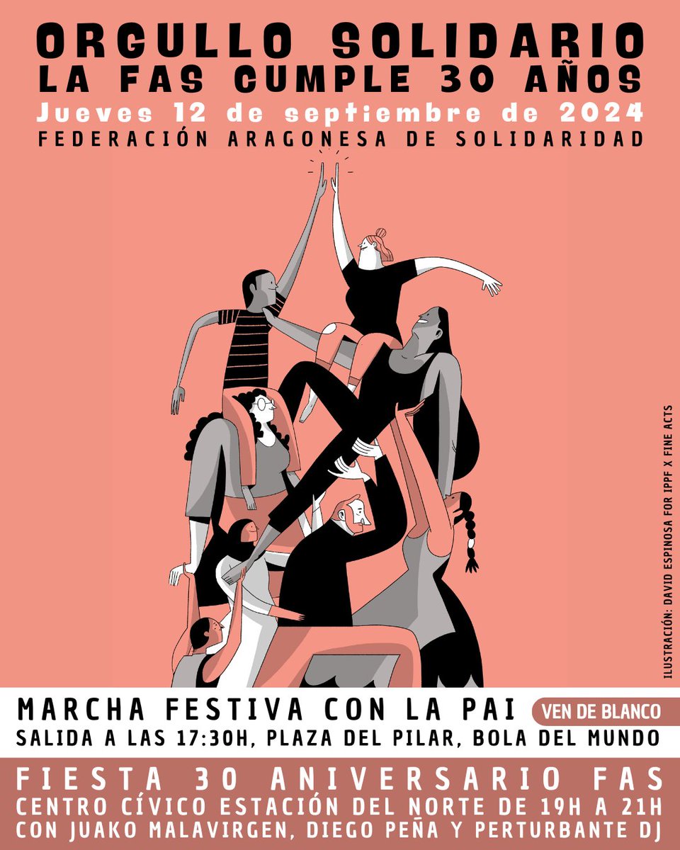 Únete a la celebración de tres décadas de solidaridad y compromiso FAS
📅Jueves 12 septiembre 2024

Marcha Festiva y Reivindicativa con La <a href="/pai_animacion/">PAI Teatro Animación</a>
🕔Hora de inicio 17:30
📍Lugar de partida: Plaza del Pilar, Bola del Mundo

Fiesta en CC Estación del Norte
🕖De 19:00 a 21:00