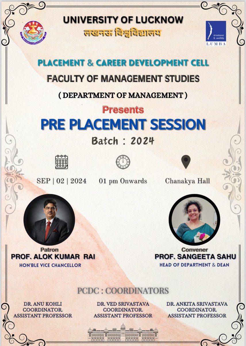 LUMBA_Lucknow's tweet image. 🎓 FMSLU successfully conducted the Pre-Placement Session for the Batch of 2024! Insightful discussions, guidance, and valuable tips were shared, setting our students on the path to success. #Placement2024 #UniversityOfLucknow #FutureLeaders @sangeeta_hr