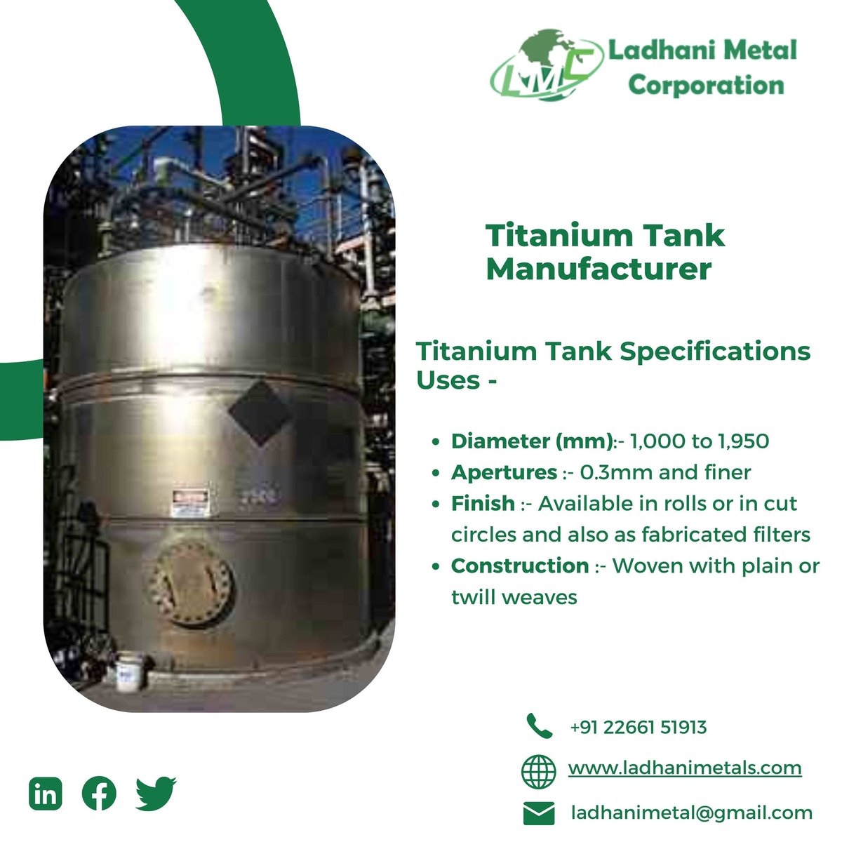 LadhaniMetals's tweet image. Titanium Tank Manufacturer in India.
Ladhani Metal Corporation is a prominent Titanium Tank Manufacturer in India. 
Also Visit: ladhanimetals.com/titanium-tank-…...

#TitaniumTank #TankManufacturer #Titanium