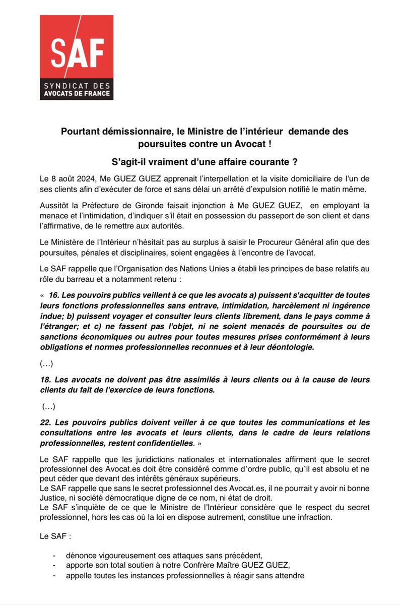 Il est temps de vous dire ce que je subis depuis le 08 août 2024: voici le communiqué du <a href="/syndicatavocats/">Le SAF</a>