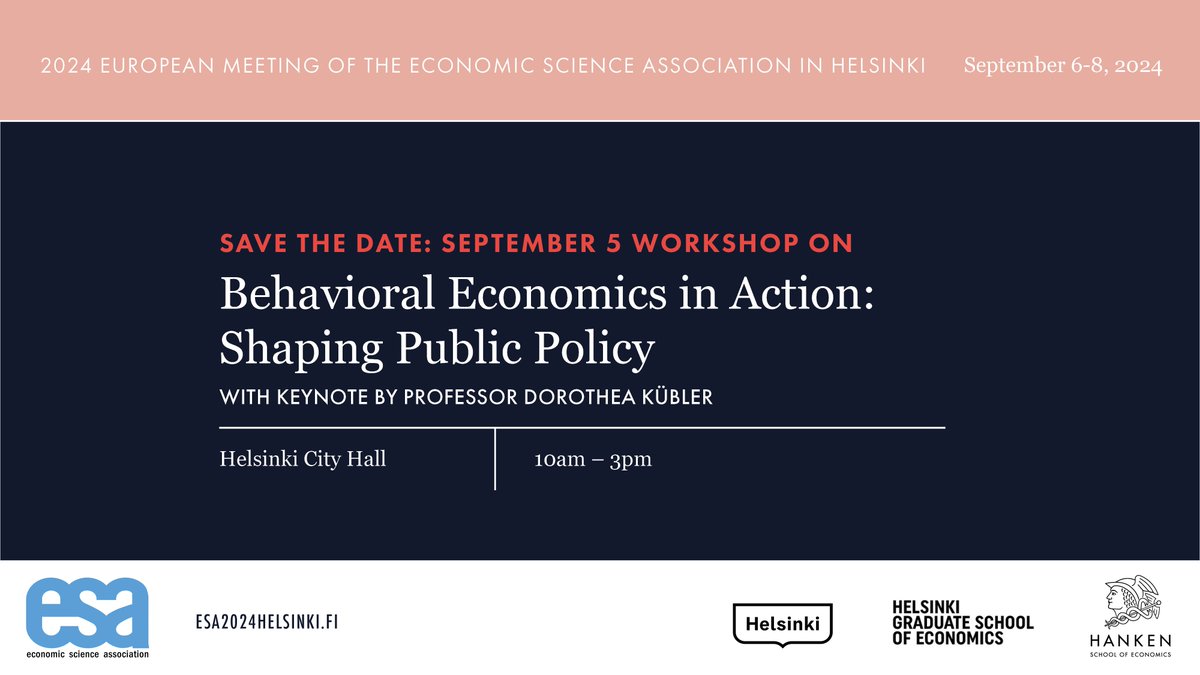 Are you interested in how #behavioral #economics and randomized controlled trials can inform public #policy its various domains? 

“Behavioral Economics in Action: Shaping  Public Policy"-workshop is taking place this Thursday, September 5th, 2024, at the Helsinki City Hall.