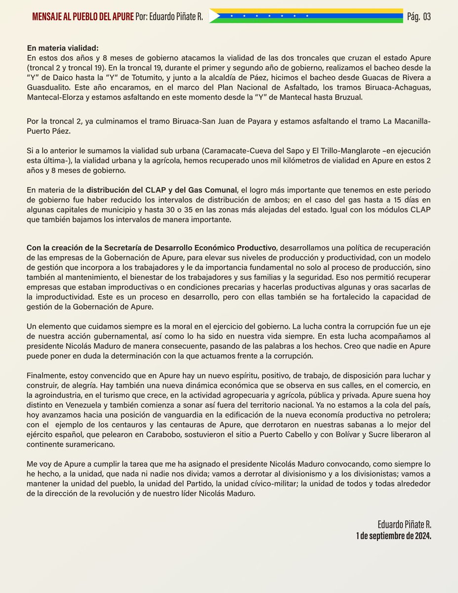 Mensaje al pueblo del Apure