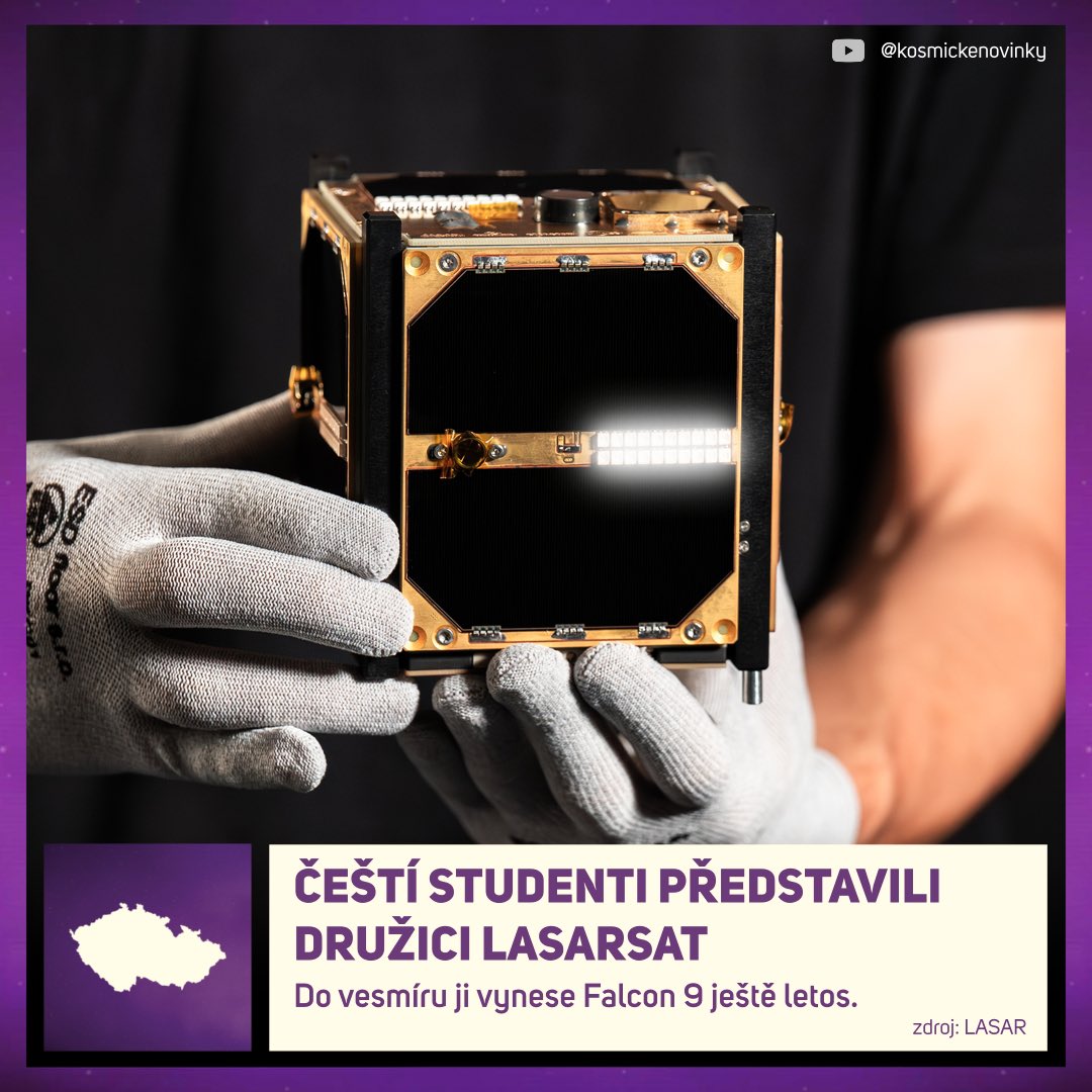 🇨🇿 studenti z úspěšného týmu LASAR dnes představili svoji první družici. LASARsat poslouží jako experimentální terč pro laserový paprsek, který chtějí studenti využít k záchraně nekomunikujících družic nebo odklízení vesmírné tříště. Družici vynese Falcon 9 ještě letos.