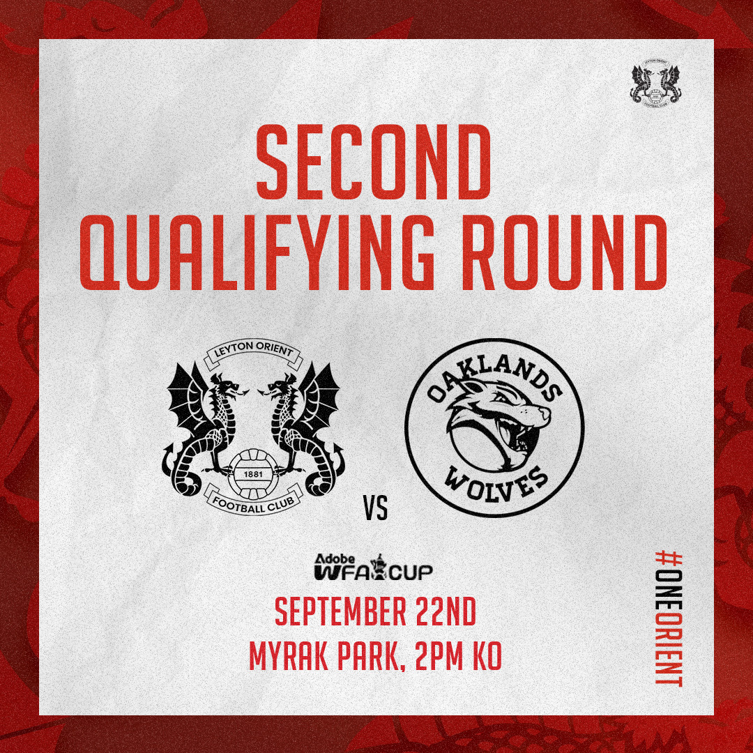 🏆 Leyton Orient FC Women will take on Oakland Wolves in the second qualifying round of 2024/25’s Adobe Women’s FA Cup.  

The game will take place on Sunday 22nd September at Myrak Park, for a 2pm start.  

#LOFC #OneOrient