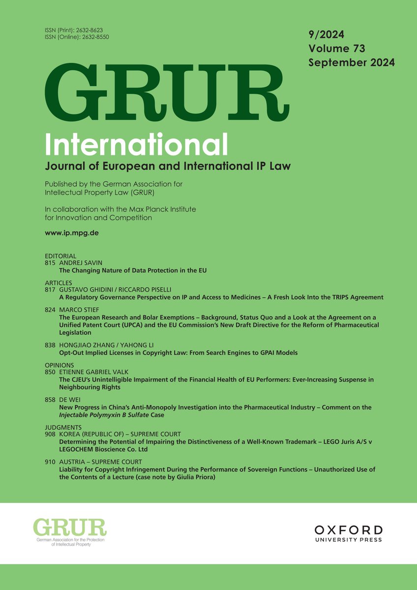 🌏 0️⃣9️⃣ September's Issue: Sparking Fresh Perspectives in IP Scholarship. 

▶Check out the full issue here: academic.oup.com/grurint/issue/…

🟩#GRURInternational
