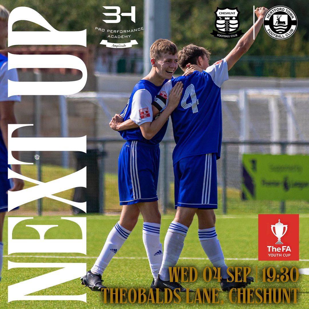 🤩 FA Youth Cup Action

🆚 Cheshunt FC Under 18
🏆 <a href="/FAYouthCup1415/">FA Youth Cup</a> 
📆 04/09/2024
⏰ 19:30
🏟️ Theobalds Lane

🎟️ £6 | £3 | £1

Come along at support the next generation here at <a href="/HertfordTownFC/">Hertford Town FC</a> | <a href="/BHPPAcademy/">BHPP Academy</a>