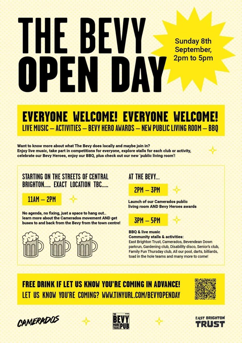 Want to learn more about The Bevy, East Brighton's community-owned pub? 

Come along to the Open Day this Sunday!

PLUS use the QR code to let them know you're coming, and there'll be a drink waiting at the bar for you. 

#communityevent #eastbrighton #thebevy