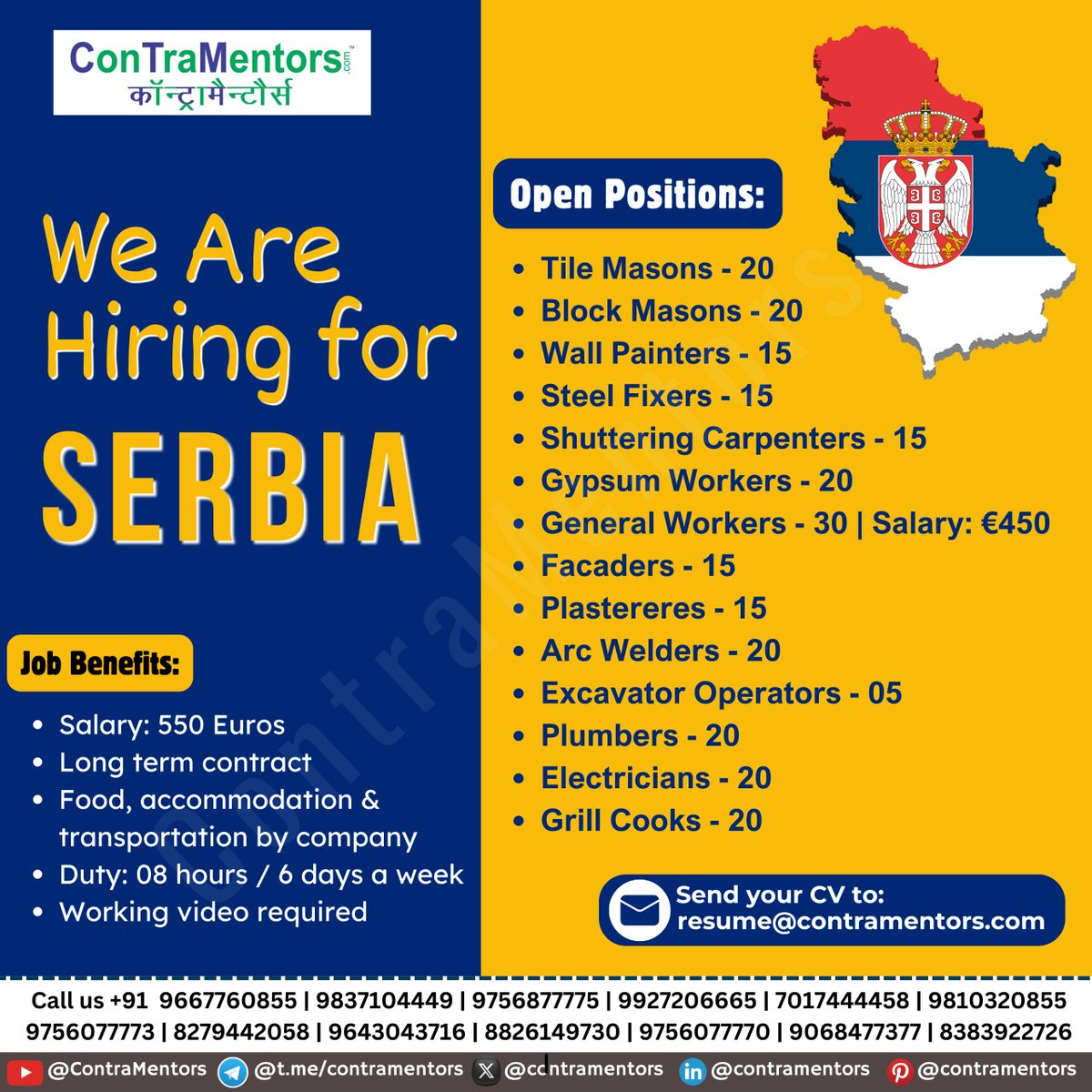Urgent Hiring for #Serbia 
Good Salary, Accommodation and more Free Allowances

Contact Us for more details.

#hiringnow #jobsearch #jobabroad #contramentors #jobsoverseas #jobplacement #overseasjobs #career