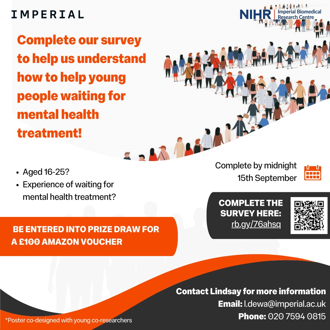 Dr Lindsay Dewa (she/her) (@lindsaydewa) on Twitter photo Have your say!
Aged 16-25? Live in UK? Experience of waiting for mental health treatment?
Help prioritise the focus of our digital intervention to help you when you're waiting for treatment. Pls repost!
Apply: rb.gy/76ahsq
<a href="/ImperialBRC/">NIHR Imperial BRC</a> <a href="/ImperialSPH/">Imperial School of Public Health</a>
#codesign Have your say!
Aged 16-25? Live in UK? Experience of waiting for mental health treatment?
Help prioritise the focus of our digital intervention to help you when you're waiting for treatment. Pls repost!
Apply: rb.gy/76ahsq
<a href="/ImperialBRC/">NIHR Imperial BRC</a> <a href="/ImperialSPH/">Imperial School of Public Health</a>
#codesign