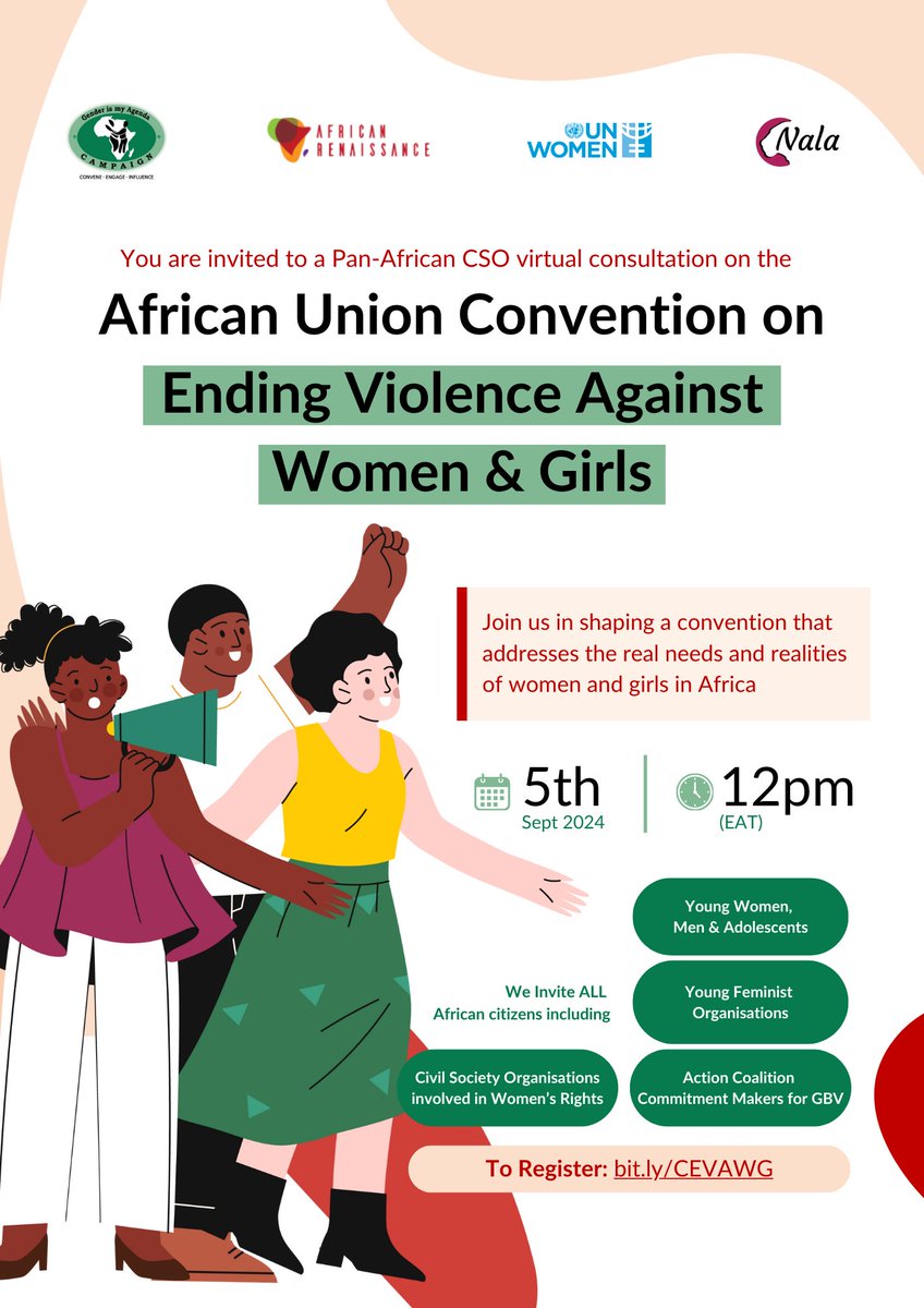 Are you passionate about stopping violence against women and girls in Africa? Join our crucial consultative meeting for the African Union Convention on #EVAWG.   🗓 Date: 5th September 2024  📷Time: 12:00 PM EAT (09:00 AM GMT)  📷bit.ly/CEVAWG #AUCEVAWG