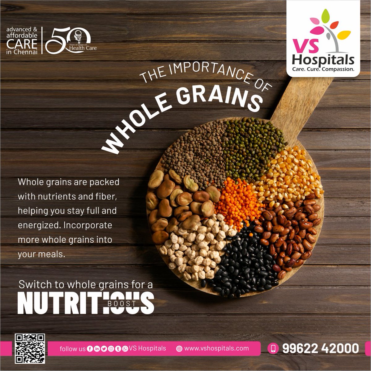 Kickstart National Nutrition Week 2024!
The Importance of Whole Grains

Whole grains are packed with nutrients and fiber, helping you stay full and energized. Incorporate more whole grains into your meals.

"Switch to whole grains for a nutritious boost."
 #VSHospitals #Chennai