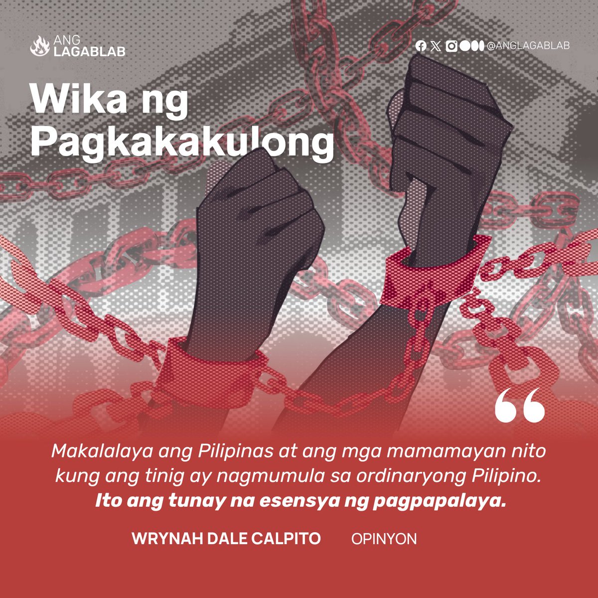 AngLagablab's tweet photo. #OPINYON: "Makalalaya ang Pilipinas at ang mga mamamayan nito kung ang tinig ay nagmumula sa ordinaryong Pilipino. Ito ang tunay na esensya ng pagpapalaya."
Kung sakaling napalampas mo ito, basahin ang buong akda ni Wrynah Calpito dito:
https://t.co/IaYtZ0rC98 https://t.co/t4ZQMHWNWs