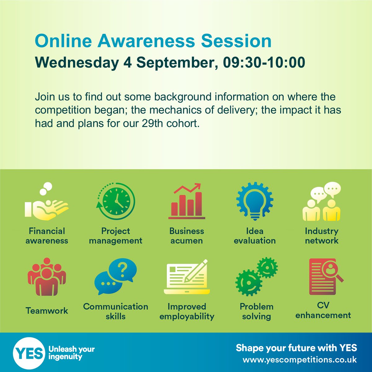 #Masters #PhDs #postdocs #technicians thinking of taking part in #YES24? 📚 Learn what is involved by joining one of our online 30-minute awareness sessions scheduled in September. Next one 👇 💚 #UnleashYourIngenuity 👉 ow.ly/l3pg50Sb935