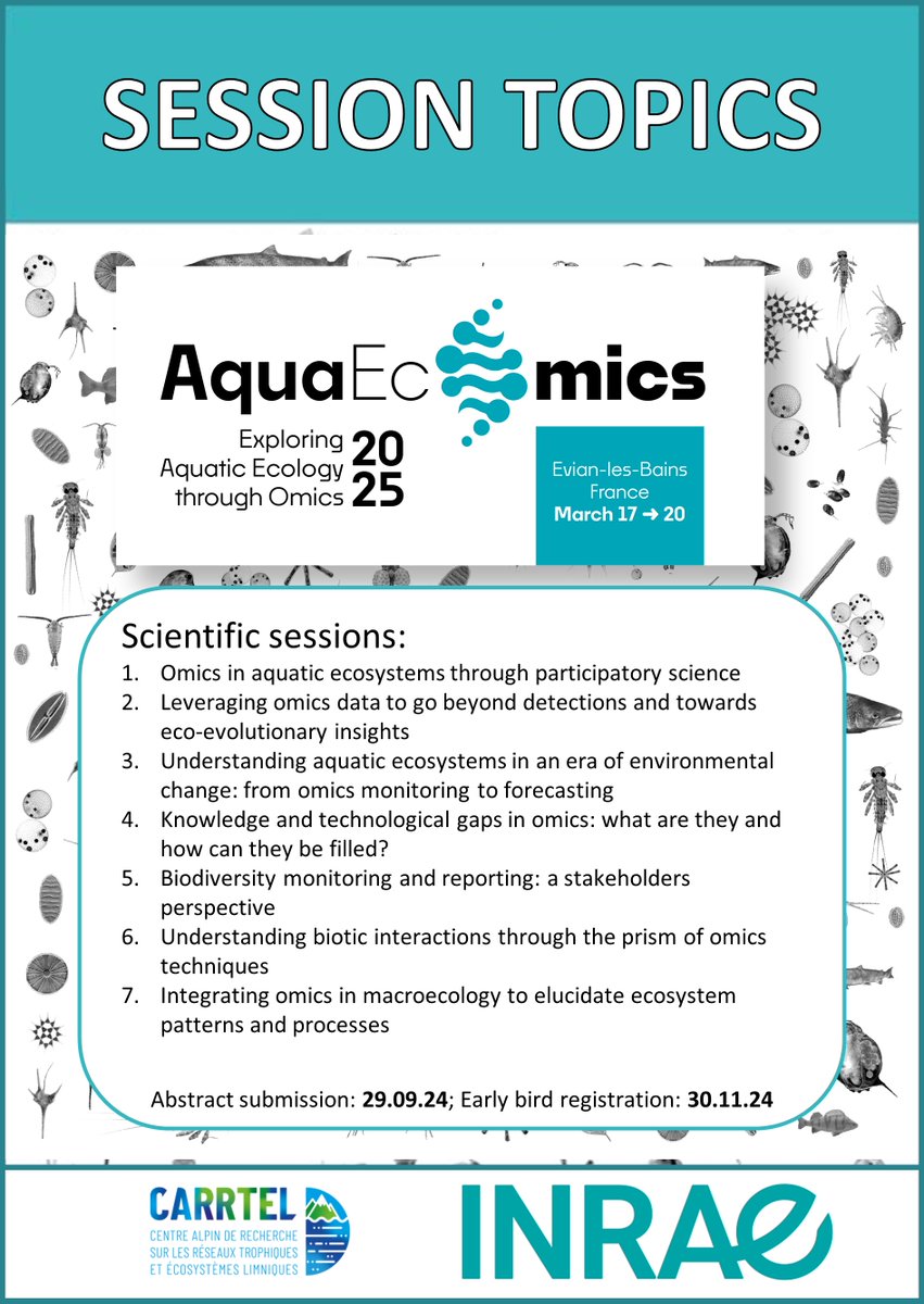 Registrations for the 2025 AquaEcOmics Symposium are open! Have a look and select among the 7 great sessions hereby 📷 Submission deadline: 29.9.24
aquaecomics.symposium.inrae.fr
#aquaecomics2025 #eDNA #omics #metagenomics #metabarcoding #dPCR #marine #freshwater #ecology #biomonitoring