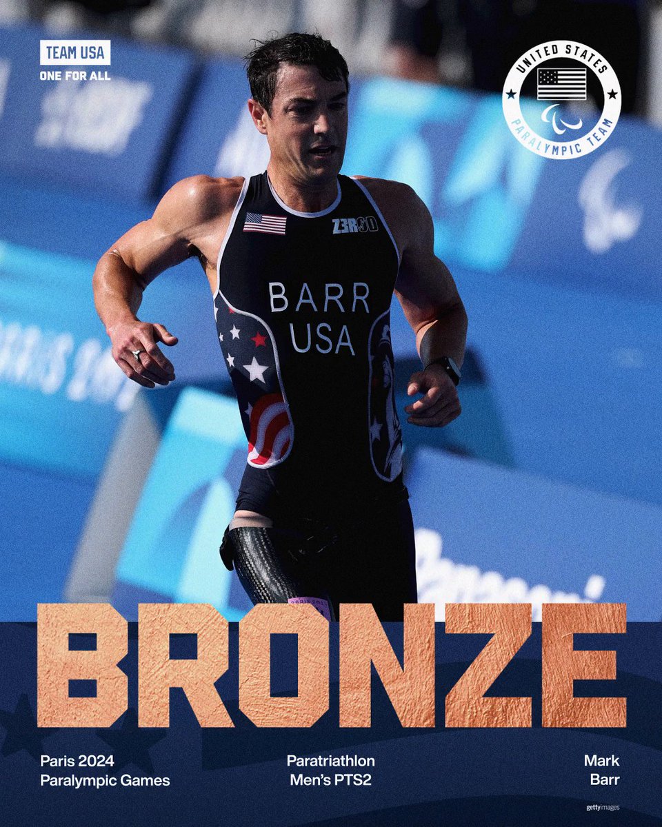 TeamUSA's tweet image. BARR GOES BRONZE 🥉

@mdbarr8 is bringing home a bronze medal in paratriathlon men’s PTS2.

#ParisParalympics