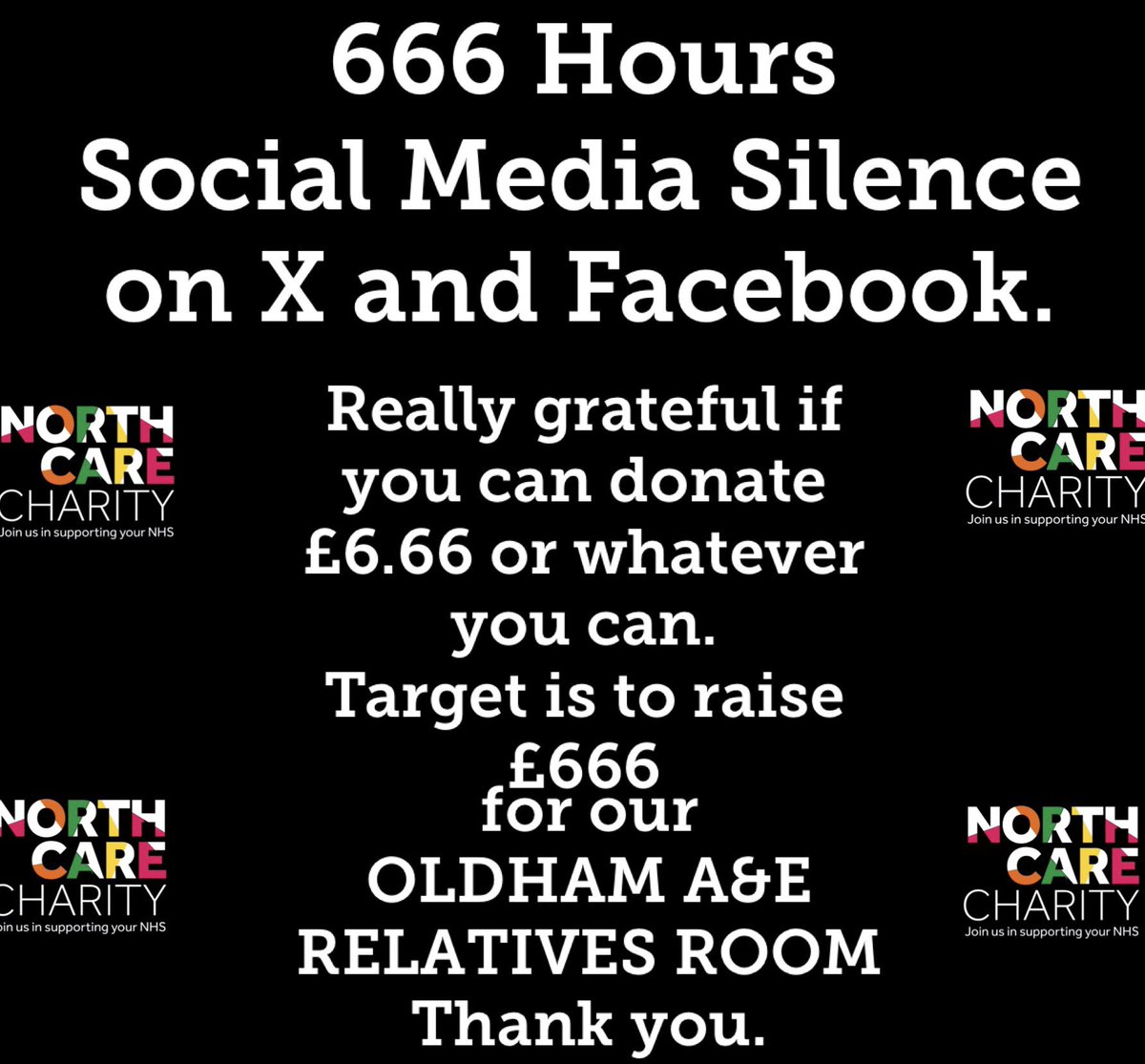 My next fundraiser is probably one of my toughest challenges doing 666 Hours silence on X &amp; FB starting Fri 6th Sept god willing for a great cause helping our Oldham A&amp;E Relatives Room. Please see link &amp; if you can donate £6.66 really appreciate it. Thanks justgiving.com/page/captainib…