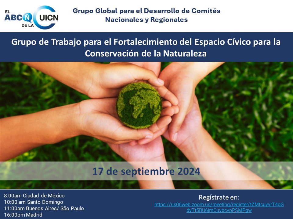 ¡Únete a la Sesión ABCÑ de la UICN! 🌎 Hablaremos sobre fortalecer los espacios cívicos para asegurar un mundo justo y en armonía con la naturaleza.
🗓️ 17 de septiembre de 2024 🕒 Horarios:
🇪🇸 16:00 pm 🇲🇽 8:00 am 🇦🇷🇧🇷 11:00 am 🔗 Regístrate: us06web.zoom.us/meeting/regist…