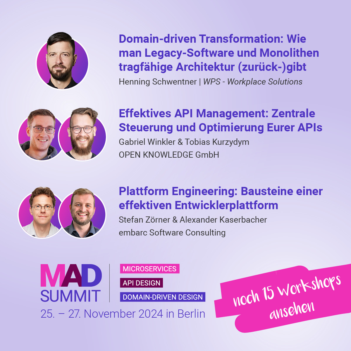 MAD Summit (@mad_summit) on Twitter photo Kennt ihr schon diese Workshop-Highlights?
⚡ DDD-Transformation mit <a href="/hschwentner/">Henning Schwentner</a>
⚡ API-Management mit <a href="/TKurzydym/">Tobias Kurzydym</a> & Gabriel Winkler
⚡ Plattform Engineering mit @StefanZoerner und <a href="/alexksbr/">Alexander Kaserbacher</a>
Zum den Details: mad-summit.de/berlin/program… Kennt ihr schon diese Workshop-Highlights?
⚡ DDD-Transformation mit <a href="/hschwentner/">Henning Schwentner</a>
⚡ API-Management mit <a href="/TKurzydym/">Tobias Kurzydym</a> & Gabriel Winkler
⚡ Plattform Engineering mit @StefanZoerner und <a href="/alexksbr/">Alexander Kaserbacher</a>
Zum den Details: mad-summit.de/berlin/program…