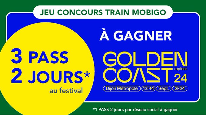 TER_BFC_Trafic's tweet photo. 🎉[JEU CONCOURS]🎉

𝐀 𝐥’𝐨𝐜𝐜𝐚𝐬𝐢𝐨𝐧 𝐝𝐞 𝐥𝐚 𝐫𝐞𝐧𝐭𝐫𝐞́𝐞 𝐓𝐑𝐀𝐈𝐍 𝐌𝐨𝐛𝐢𝐠𝐨 𝐞𝐭 𝐥𝐞 𝐆𝐨𝐥𝐝𝐞𝐧 𝐂𝐨𝐚𝐬𝐭 𝐬’𝐮𝐧𝐢𝐬𝐬𝐞𝐧𝐭 𝐩𝐨𝐮𝐫 𝐯𝐨𝐮𝐬 𝐟𝐚𝐢𝐫𝐞 𝐩𝐫𝐨𝐟𝐢𝐭𝐞𝐫 𝐝𝐮 𝐅𝐞𝐬𝐭𝐢𝐯𝐚𝐥 ! 𝐓𝐞𝐧𝐭𝐞𝐳 𝐝𝐞 𝐠𝐚𝐠𝐧𝐞𝐫 𝐮𝐧 𝐏𝐚��𝐬 𝟐 𝐣𝐨𝐮𝐫𝐬 (𝟏𝟑 𝐞𝐭 𝟏𝟒 𝐬𝐞𝐩𝐭𝐞𝐦𝐛𝐫𝐞) 🤩

Pour participer, il vous suffit de :

👉Follow TER_BFC_Trafic et @GoldenCoastfest
👉Identifier en commentaire l’artiste que vous aimeriez voir sur scène
👉RT et Likez ce tweet

🍀𝐀𝐮𝐠𝐦𝐞𝐧𝐭𝐞𝐳 𝐯𝐨𝐬 𝐜𝐡𝐚𝐧𝐜𝐞𝐬 𝐞𝐧 𝐩𝐚𝐫𝐭𝐢𝐜𝐢𝐩𝐚𝐧𝐭 𝐚𝐮𝐬𝐬𝐢 𝐬𝐮𝐫 𝐞𝐧 𝐜𝐨𝐦𝐦𝐞𝐧𝐭𝐚𝐢𝐫𝐞 𝐅𝐚𝐜𝐞𝐛𝐨𝐨𝐤 𝐞𝐭 𝐈𝐧𝐬𝐭𝐚𝐠𝐫𝐚𝐦 !

𝐂𝐨𝐧𝐜𝐨𝐮𝐫𝐬 𝐨𝐮𝐯𝐞𝐫𝐭 𝐣𝐮𝐬𝐪𝐮'𝐚𝐮 𝟎𝟒/𝟎𝟗 𝐭𝐢𝐫𝐚𝐠𝐞 𝐚𝐮 𝐬𝐨𝐫𝐭 𝐥𝐞 𝟎𝟓/𝟎𝟗. Règlement du jeu 👉 https://t.co/Yn998SoLQZ

Attention : nous ne vous demanderons jamais de compléter un formulaire comportant vos informations bancaires. Soyez attentifs aux messages potentiellement frauduleux vous informant d'un prétendu gain.