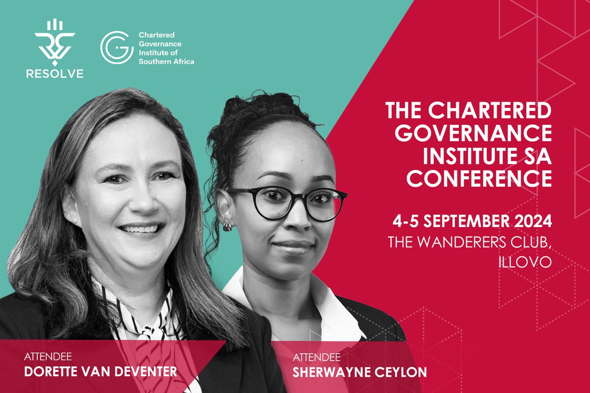 resolvesa's tweet image. We&apos;re pleased to announce that Dorette Van deventer and Sherwayne Ceylon will be attending The CGISA conference being held on the 4th and 5th of September.​
​This years theme is:​ CoSec 2.0: An evolving role in a time of change. #CGISA #Conference #CorporateGovernance