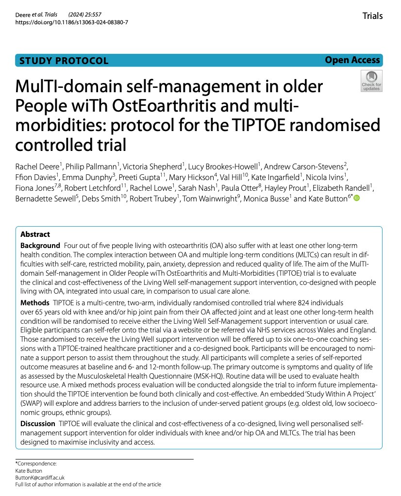 Tom Wainwright (@twwainwright) on Twitter photo Congrats <a href="/k8button/">Kate Button</a> and the whole TIPTOE team.
Great to see the protocol published and to be collaborating with you on this <a href="/NIHRresearch/">National Institute for Health and Care Research</a> trial.
Open for recruitment at <a href="/UHDTherapies/">UHD Therapies (also on Bluesky)</a>
trialsjournal.biomedcentral.com/articles/10.11… Congrats <a href="/k8button/">Kate Button</a> and the whole TIPTOE team.
Great to see the protocol published and to be collaborating with you on this <a href="/NIHRresearch/">National Institute for Health and Care Research</a> trial.
Open for recruitment at <a href="/UHDTherapies/">UHD Therapies (also on Bluesky)</a>
trialsjournal.biomedcentral.com/articles/10.11…