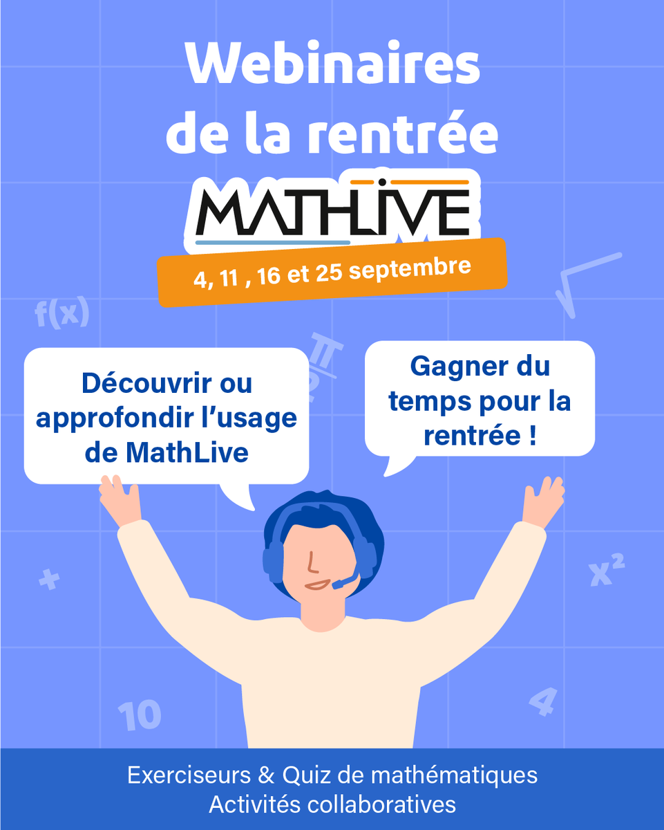 Librairie eMLS (@librairieemls) on Twitter photo Webinaires MathLive.fr
Participez au webinaire de rentrée <a href="/MathLive/">Mathieu mor</a>
le 4 septembre à 14 h 30.
Inscription -> mathlive.fr/events/
Prochaines dates en septembre :
- le 11 à 17 h 30
- le 16 à 18 h 00
- le 25 à 14 h 30
#webinaires #mathlive #RNE Webinaires MathLive.fr
Participez au webinaire de rentrée <a href="/MathLive/">Mathieu mor</a>
le 4 septembre à 14 h 30.
Inscription -> mathlive.fr/events/
Prochaines dates en septembre :
- le 11 à 17 h 30
- le 16 à 18 h 00
- le 25 à 14 h 30
#webinaires #mathlive #RNE