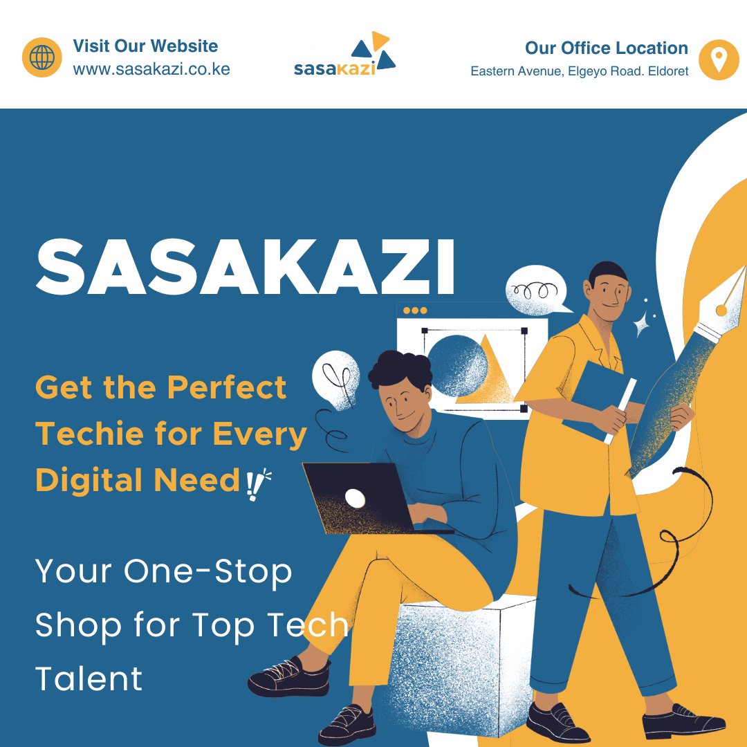 Anguka na the best Tech Talent Leo.
We are your one-stop shop for top tech talent.
From digital marketing experts  to software developers, our handpicked talent is ready to take your business to the next level.
Sign Up Today at sasakazi.co.ke and Get yourself a Techie!