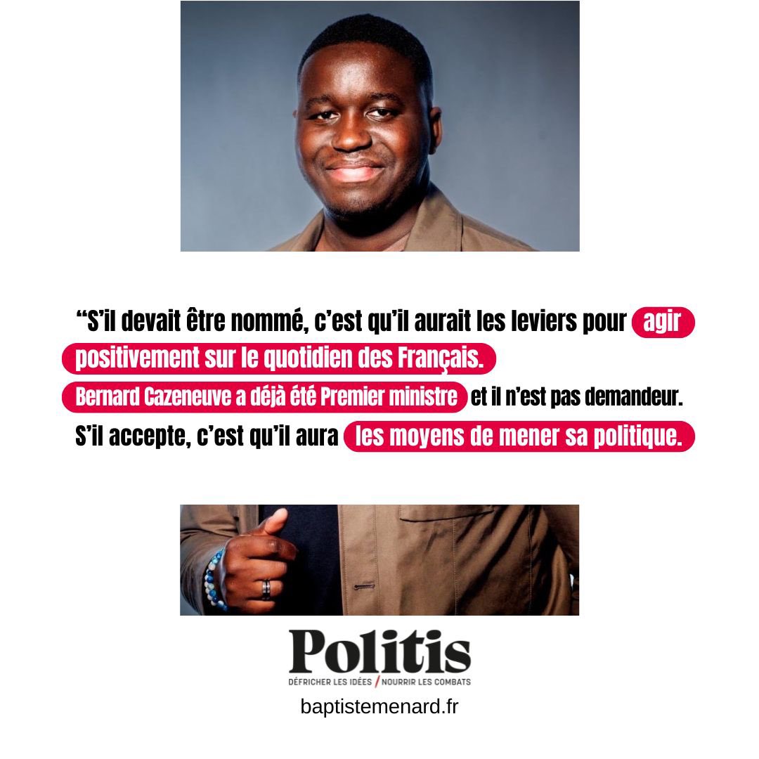 BaptisteMenard's tweet photo. 👍 S’il devait être nommé, c’est qu’il aurait les leviers pour agir positivement sur le quotidien des Français. 
✅ @BCazeneuve a déjà été #1erMinistre et n’est pas demandeur. S’il accepte, c’est qu’il aura les moyens de mener sa politique !
@Politis_fr https://t.co/tY19K0i2Pj