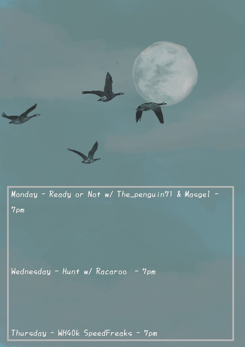 Happy Monday folks, no Friday stream this week <a href="/yagrillsoph/">YaGrillSooh</a> and I are  going on a little weekend get away, so Thursday stream instead.

Monday 7pm - milsim mondays w/ <a href="/Masgel_/">Tommy Masgel</a>  &amp; <a href="/SidoGeno/">ThePeenug</a> ( <a href="/thechrisish/">Chris</a>  is a maybe)

Wednesday 7pm - Hunt w/ <a href="/_Racaroo/">Racaroo</a> 

Thursday 7pm - SpeedFreaks