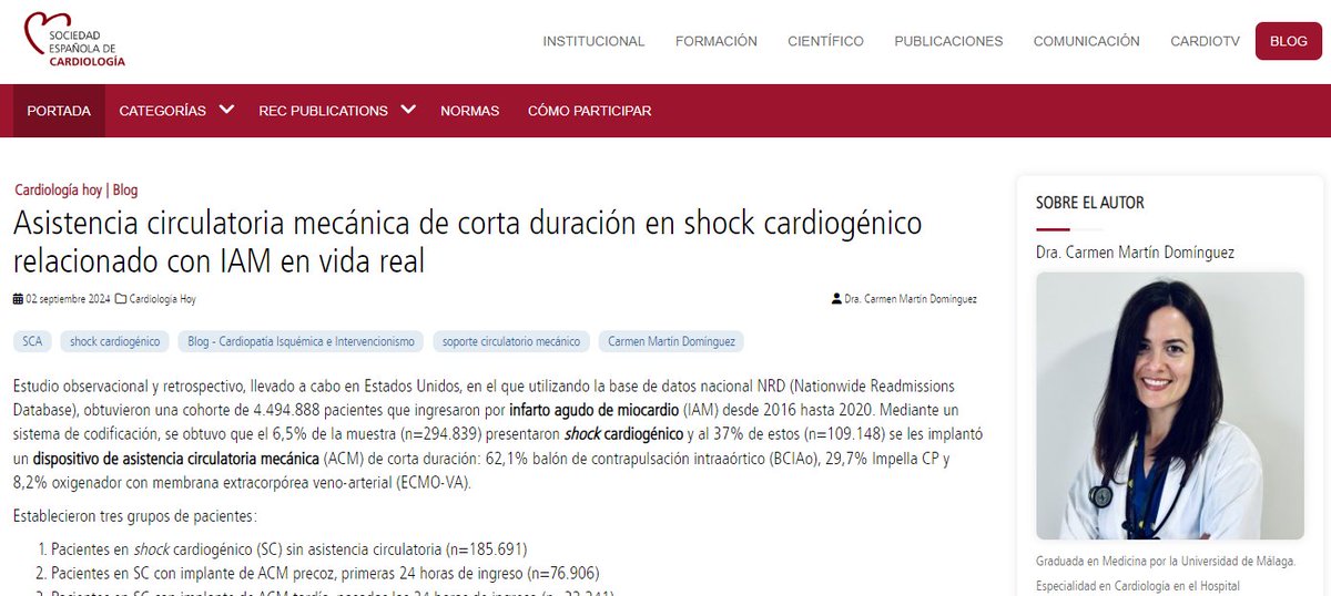.<a href="/CarmenM_Cardio/">Carmen Martín</a>: “El grupo de estrategia ACM tardía presentó + complicaciones con respecto al de estrategia precoz, entre las que destacan: ictus isquémico, terapia de reemplazo renal, hemorragias mayores e isquemia arterial". #BlogSEC <a href="/JovenesSec/">JóvenesSEC</a> ow.ly/oGvH50Tcekk