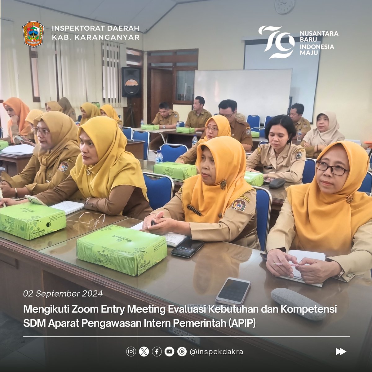 inspekdakra's tweet image. Senin, 02 September 2024 Inspektorat Daerah Kabupaten Karanganyar mengikuti kegiatan Entry Meeting Evaluasi Kebutuhan dan Kompetensi Sumber Daya Manusia Aparat Pengawasan Intern Pemerintah (APIP) secara daring melalui Zoom di Aula Inspektorat Daerah.

#APIP